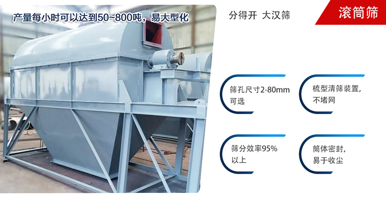 滾筒篩分開放式,封閉式兩種選擇無塵篩分。無軸滾筒：適用生活垃圾等一些有一定纏繞性物料;有軸滾筒：適用石料，砂土等含水量較少的物料